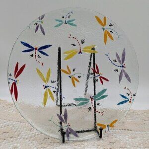 Handblown Fused Glass Colorful Dragonfly 12" Serving Dish / Plate / Platter